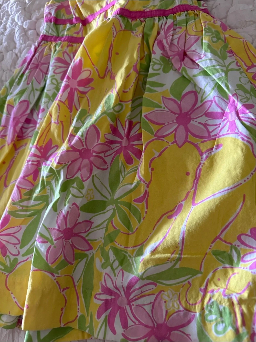 Lilly Pulitzer Yellow Elephant Floral Sundress with Pink and Green Print